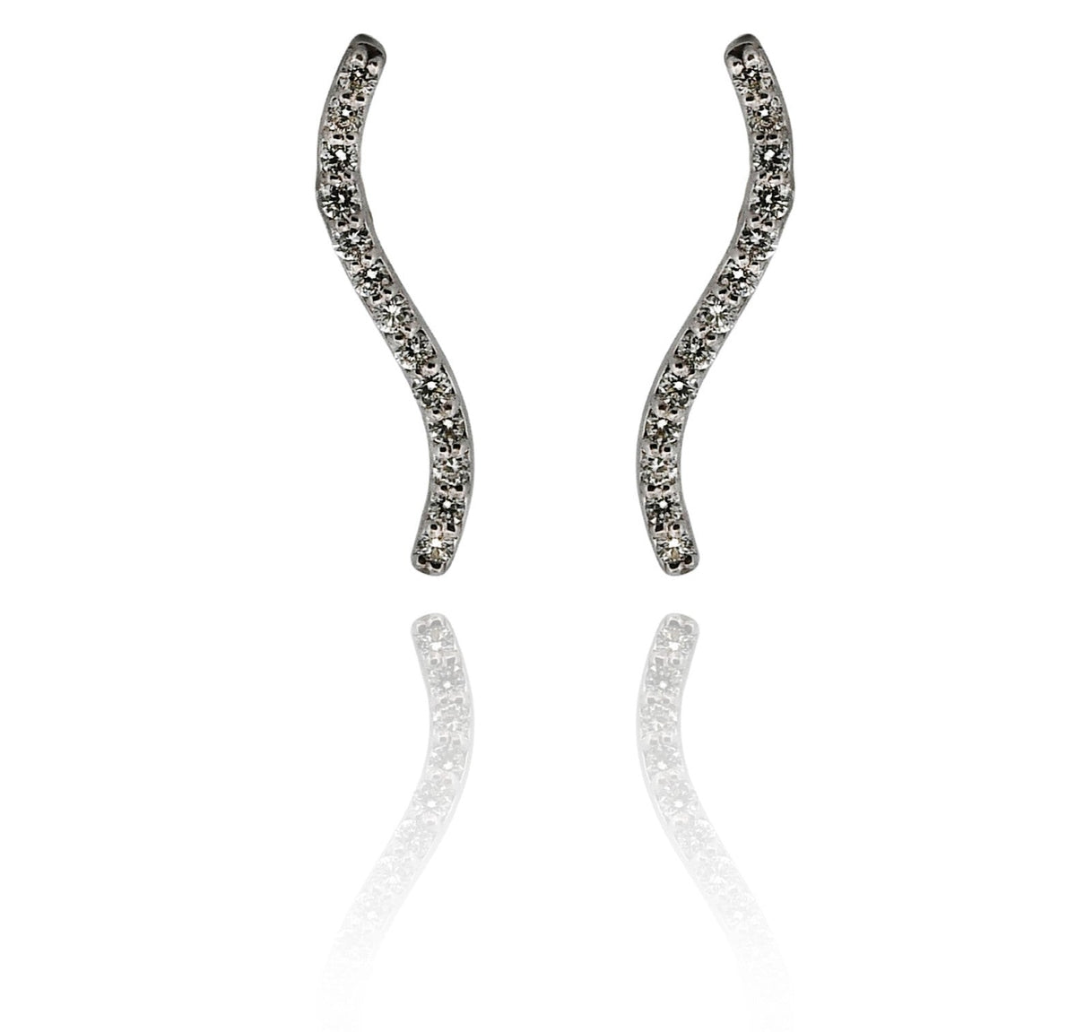 Pair of silver curved earrings on a white background