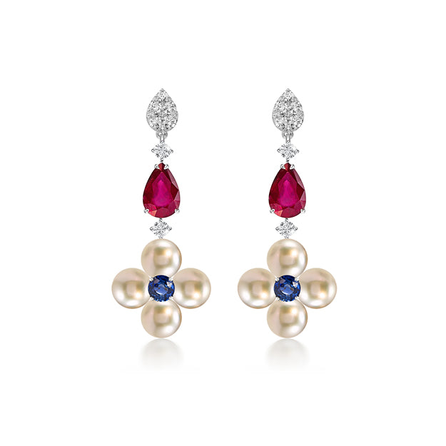 14W Diamond, Ruby, Blue Sapphire, and Pearl Earrings