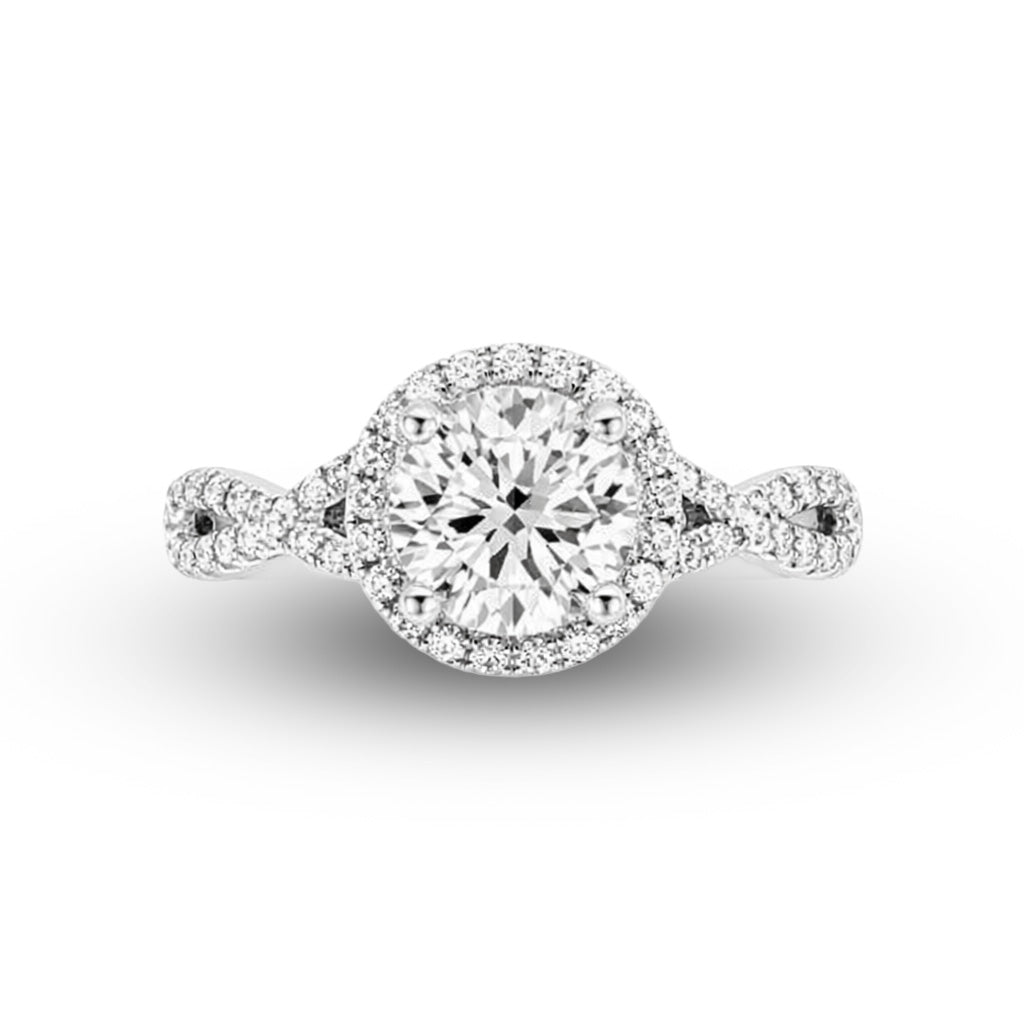 Platinum Round Diamond Ribbon Engagement Ring with Halo