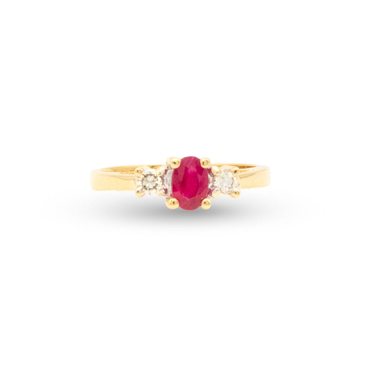 Gold ring with a red gemstone and smaller diamonds on a white background
