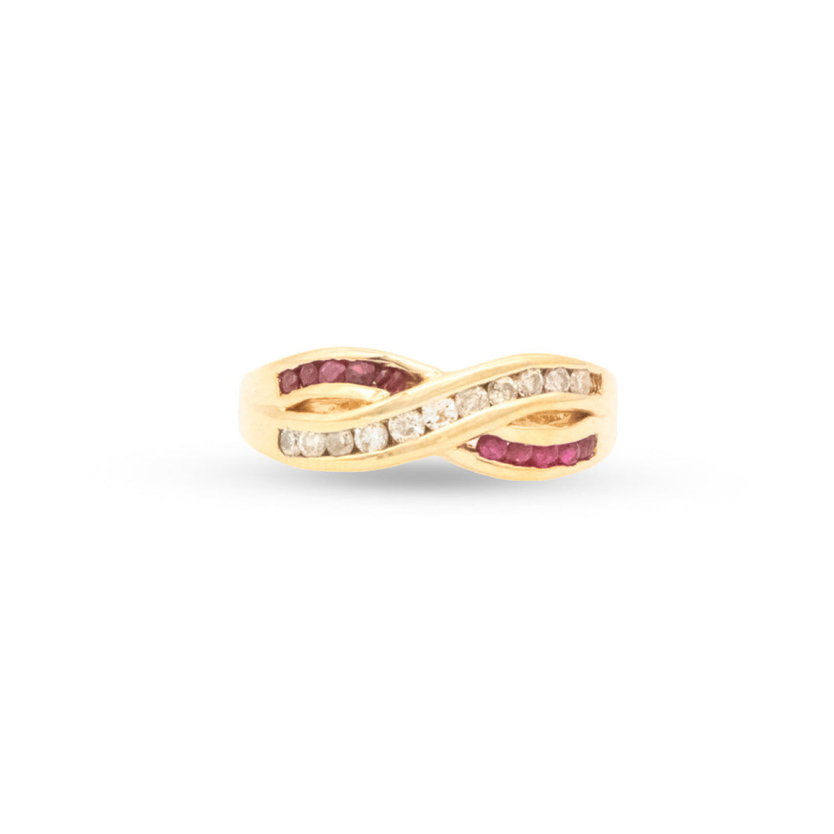 Gold ring with ruby and diamond accents on a white background