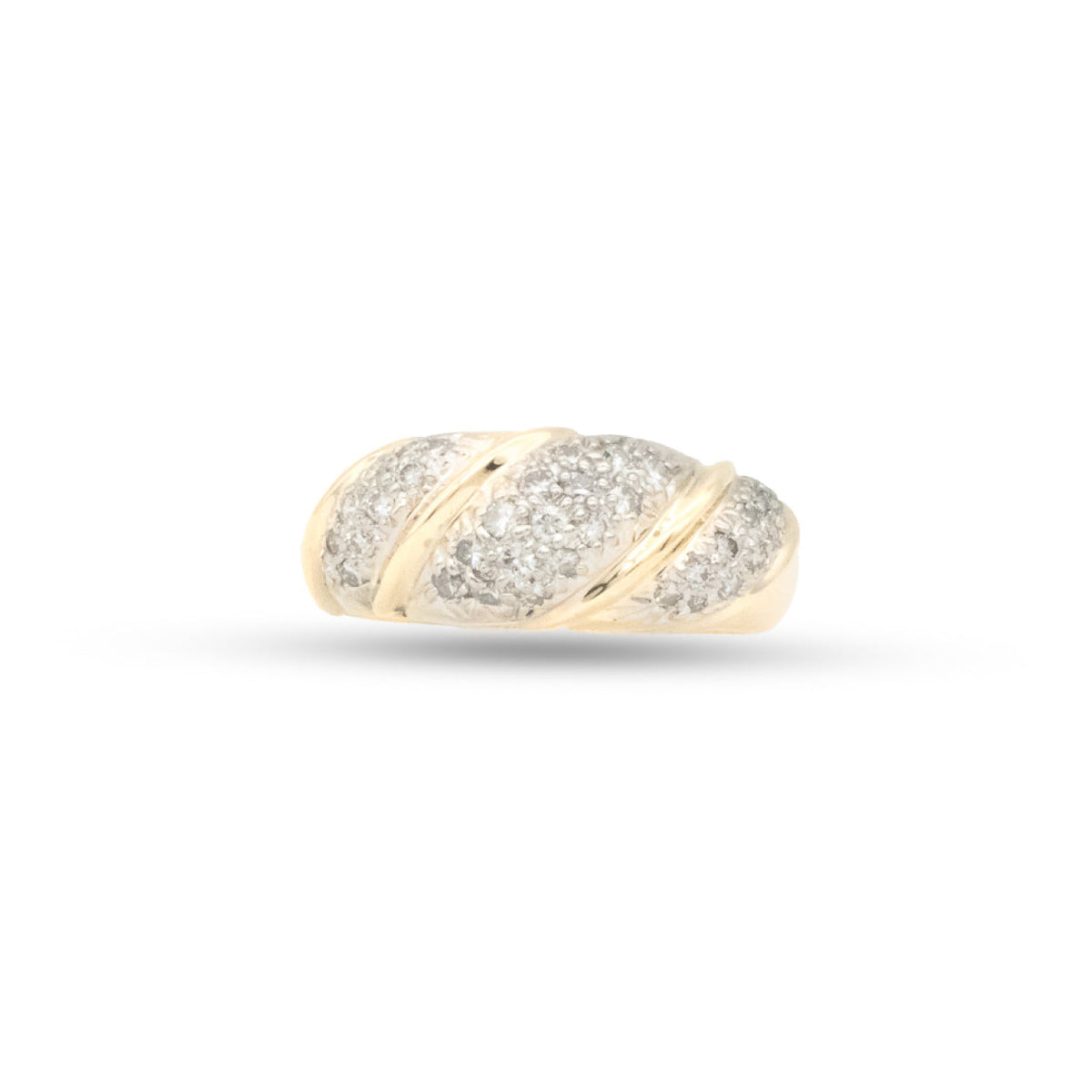 Gold ring with diamond accents on a white background