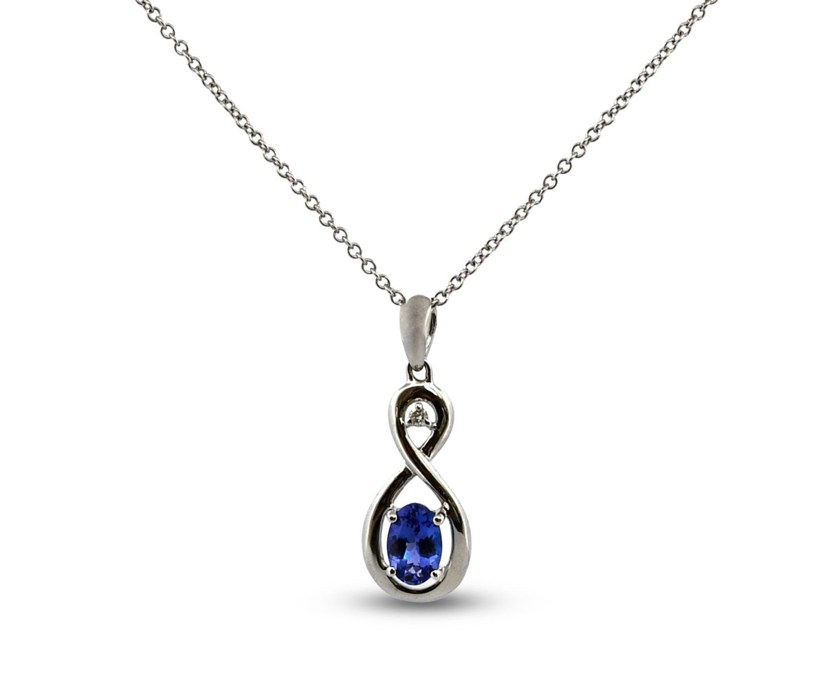 Silver pendant with a blue gemstone on a white background