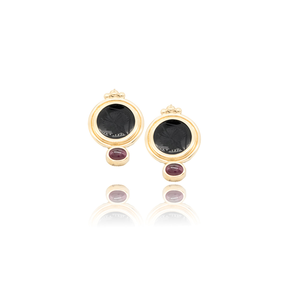 14Y Black Onyx & Rhodolite Garnet Leverback Earrings