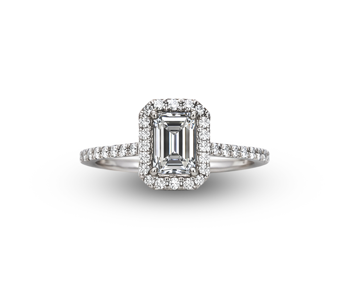 Diamond ring with emerald-cut center stone on a white background