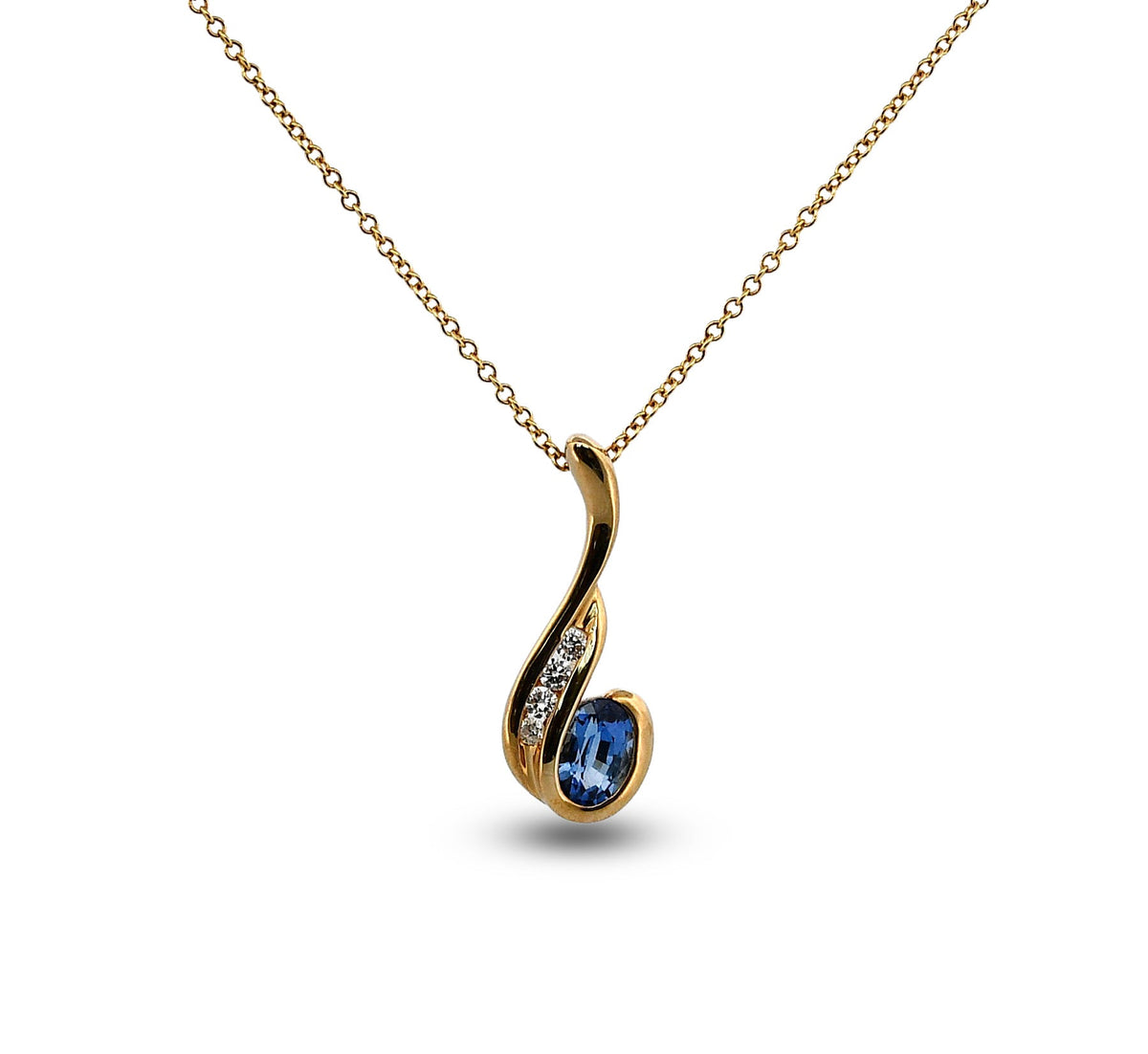 Gold necklace with a blue gemstone pendant on a white background