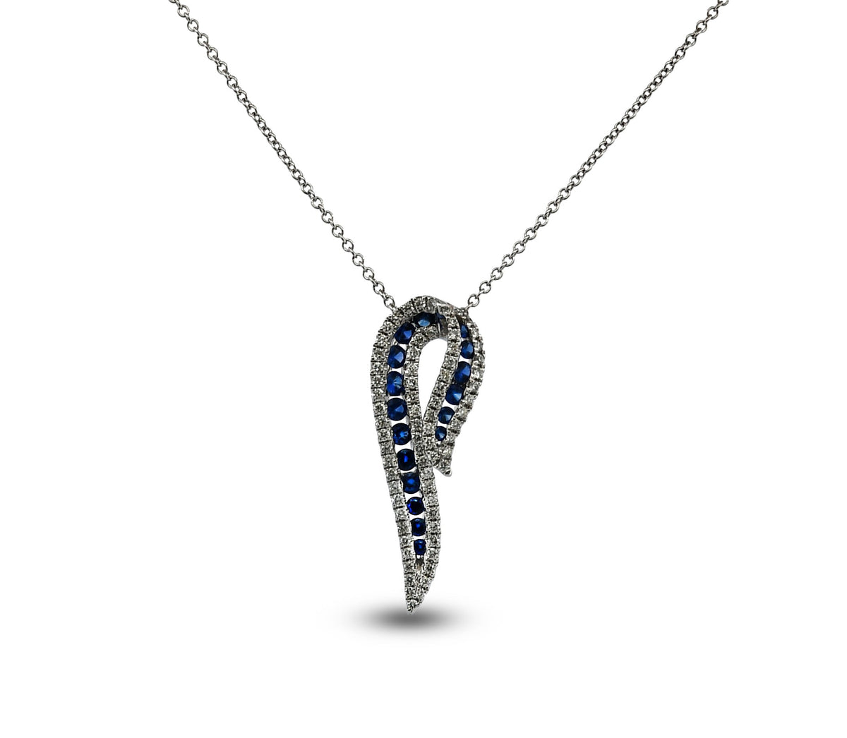 Silver necklace with a blue gemstone pendant on a white background