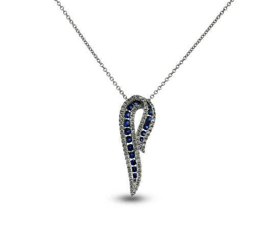 Silver necklace with a blue gemstone pendant on a white background