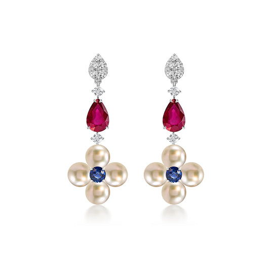 14W Diamond, Ruby, Blue Sapphire, and Pearl Earrings