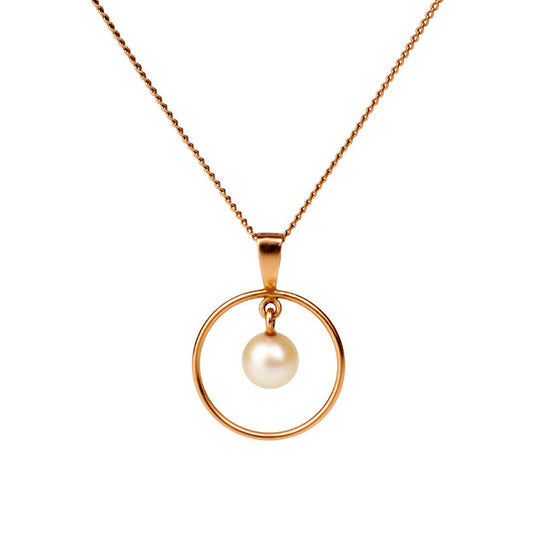 Gold necklace with a pearl pendant on a white background