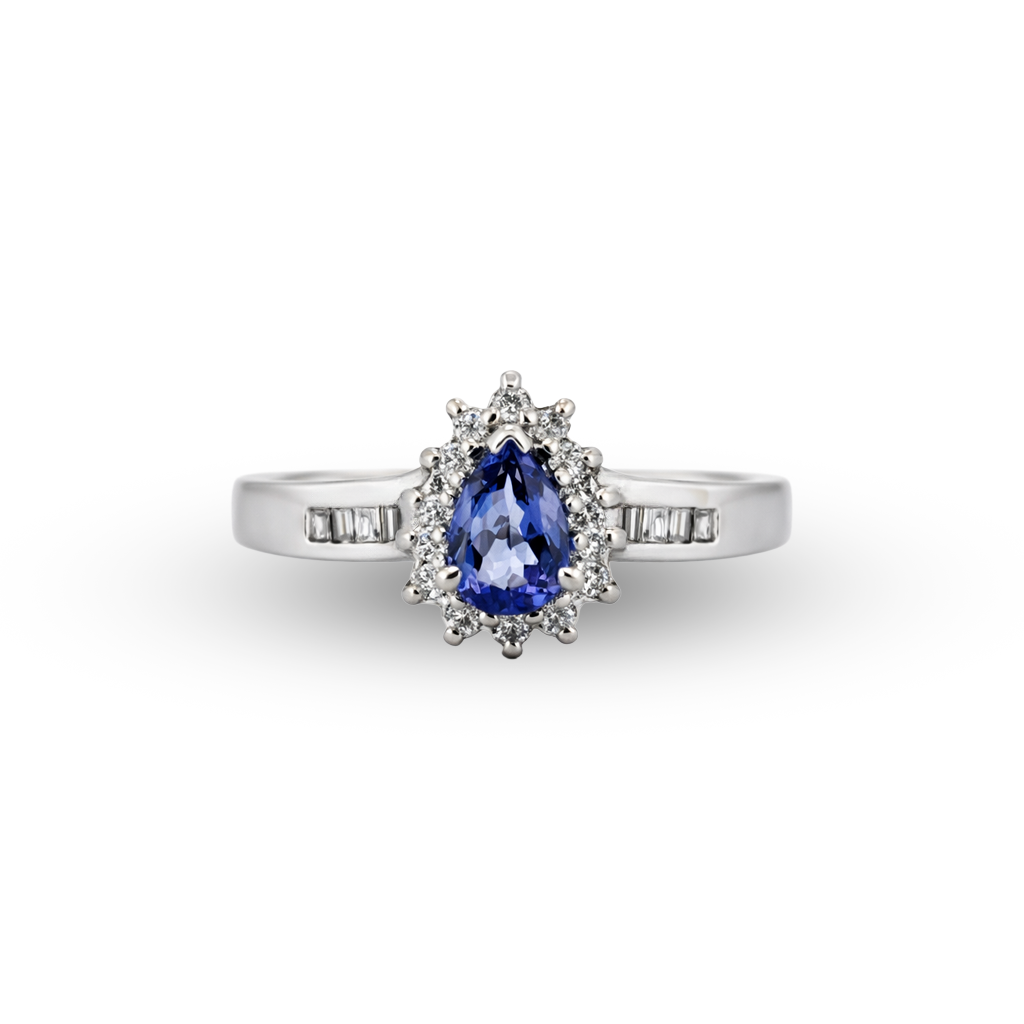 Diamond ring with a blue gemstone on a white background