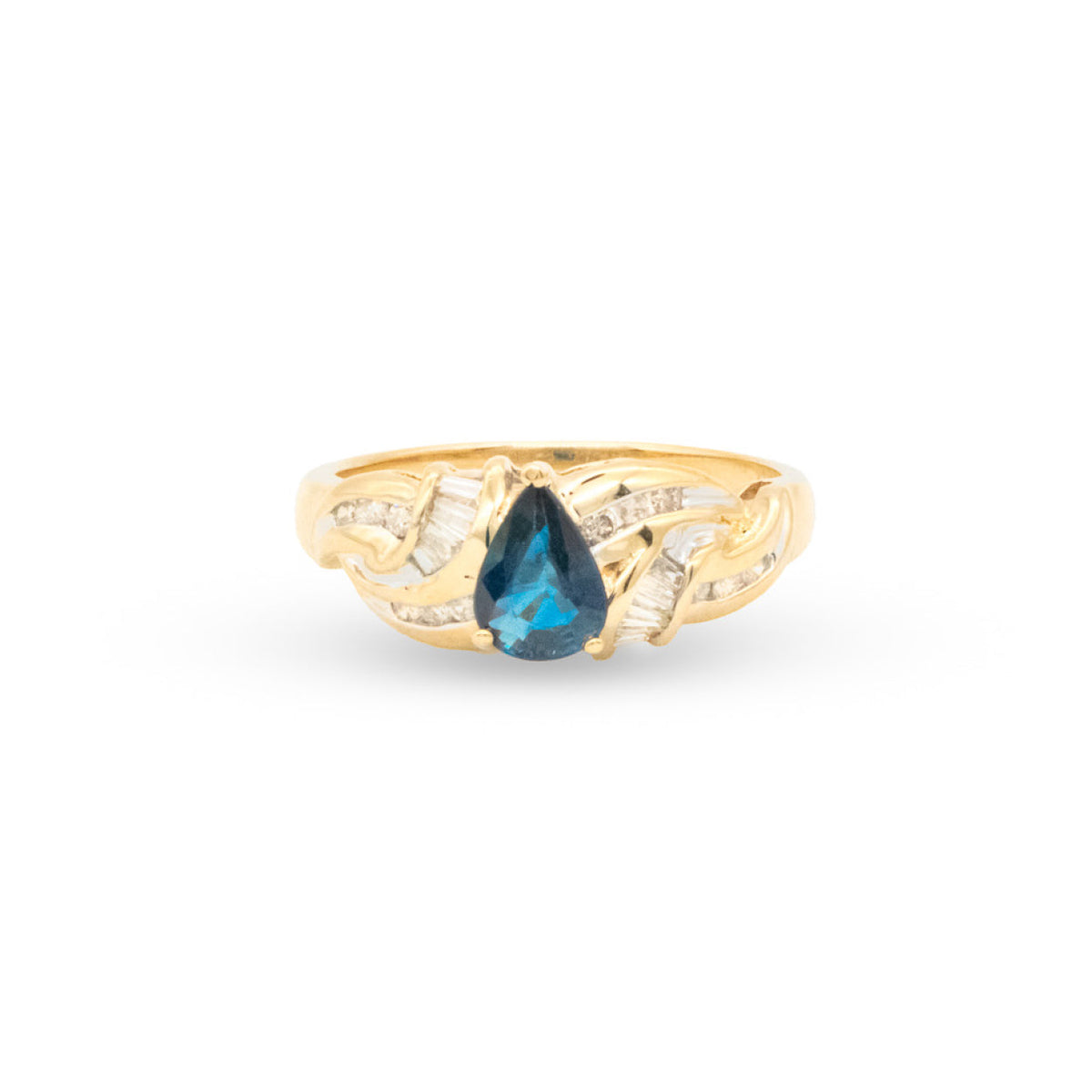Gold ring with a blue gemstone on a white background